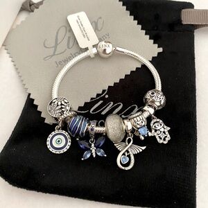 Linx Snake Chain Bracelet with Blue Hamsa Hand and Evil Eye and Angel Charms